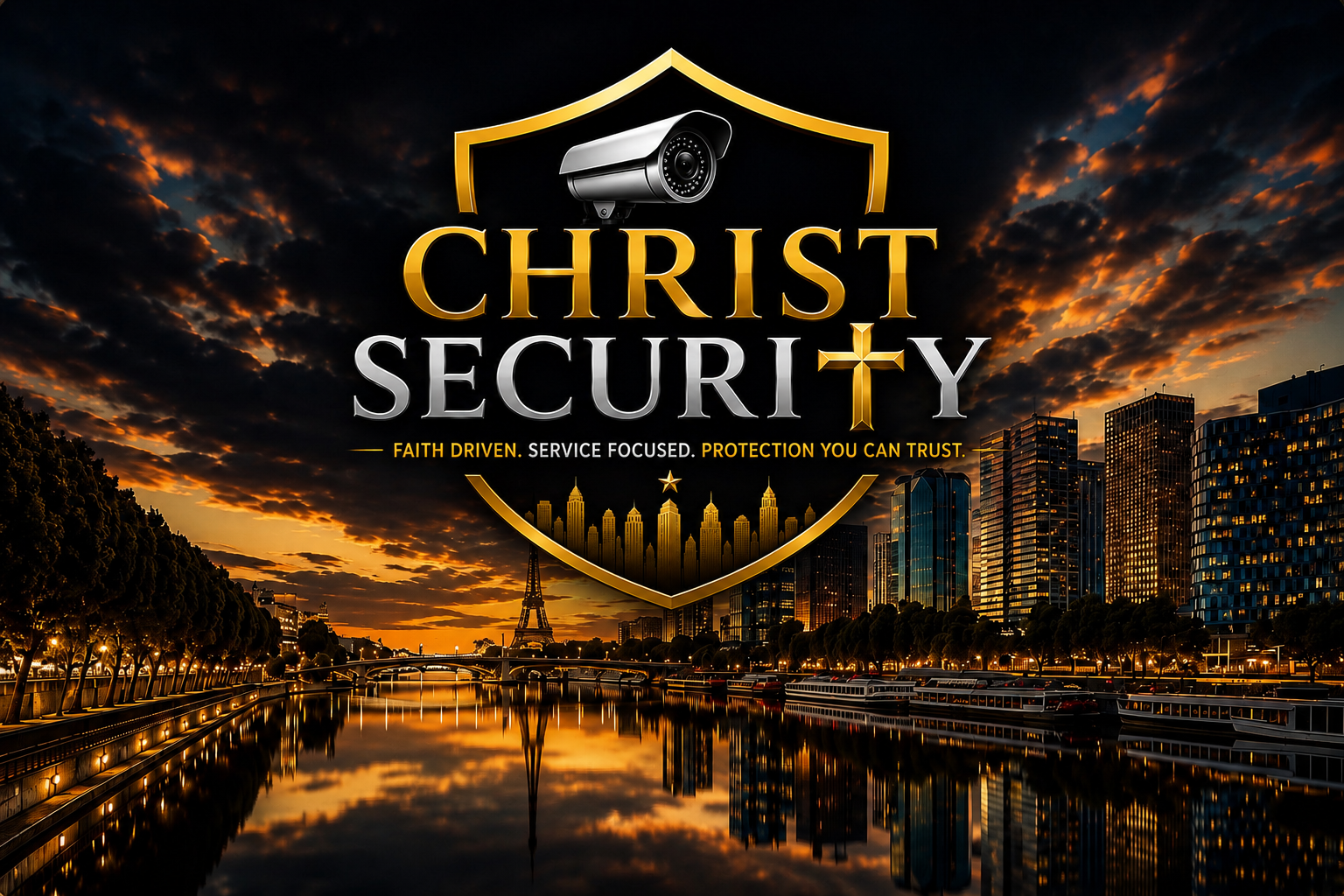 Christ Security city skyline promotional graphic